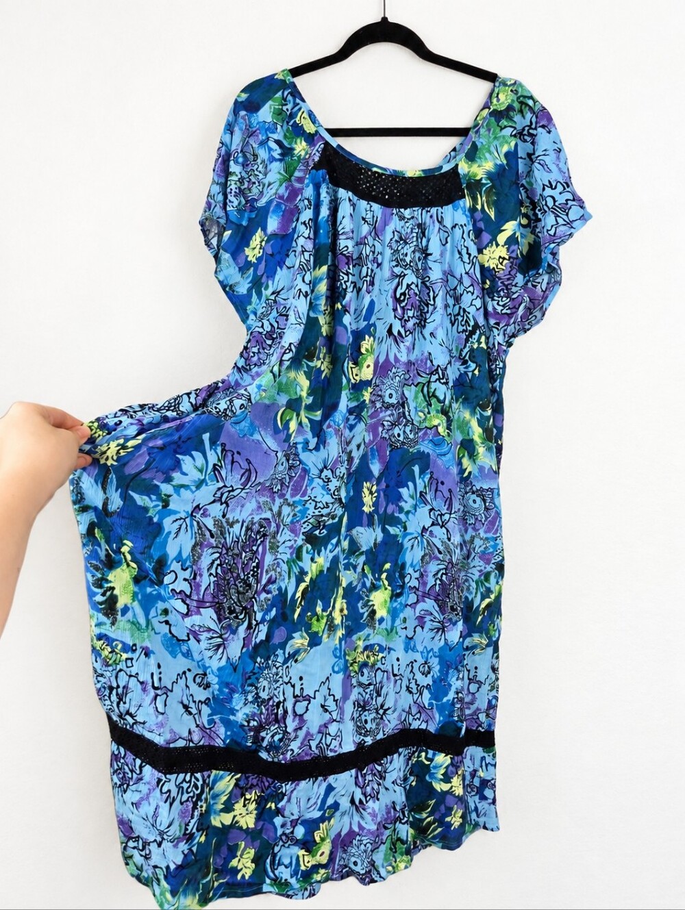 Loungees 2X Blue Floral Cotton Gauze Kaftan Maxi Dress Boho Lagenlook Pockets